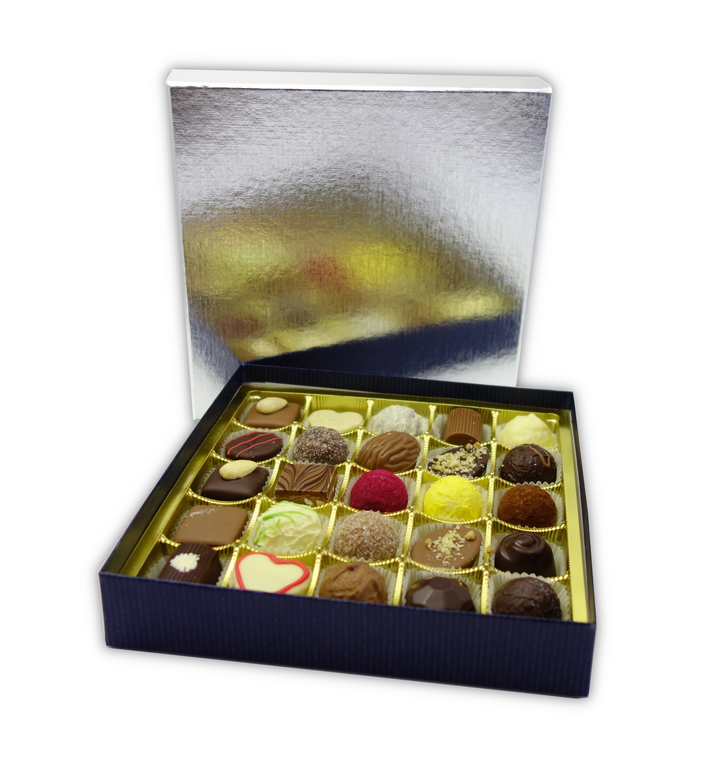 Silberne Pralinenschachtel mit 25 Pralinen | Bonilla Manufaktur