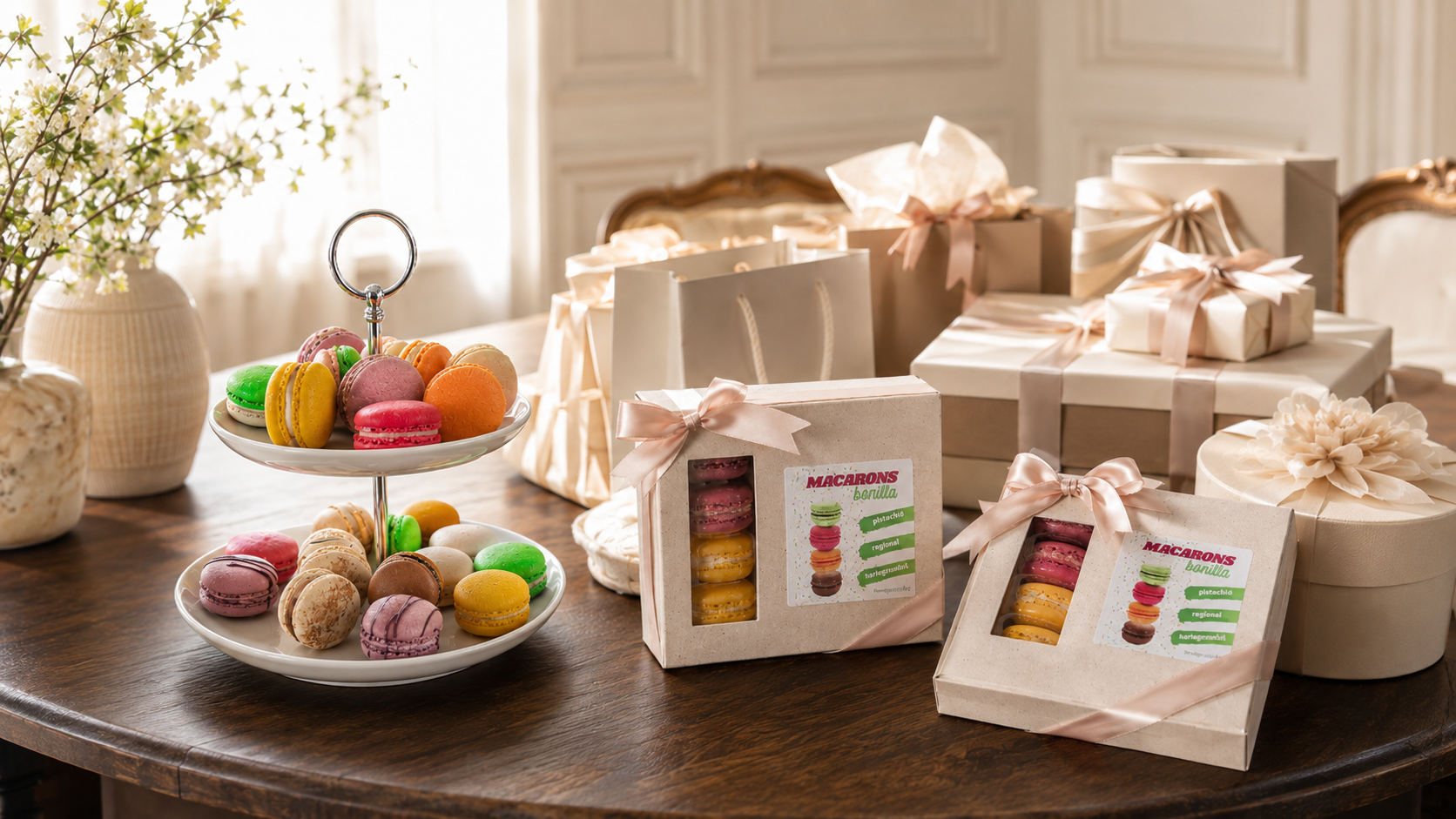 Tisch-mit-Geschenken-und-Macarons-von-Bonilla
