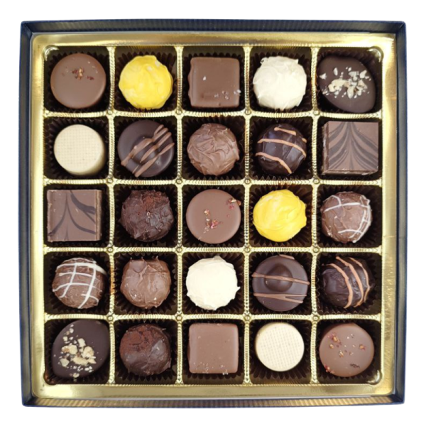 Dunkelblaue Schachtel mit 25 Pralinen